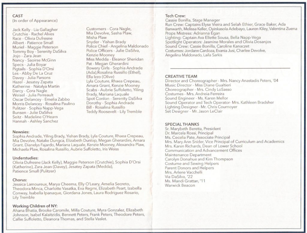 Newsies Jr. crew list