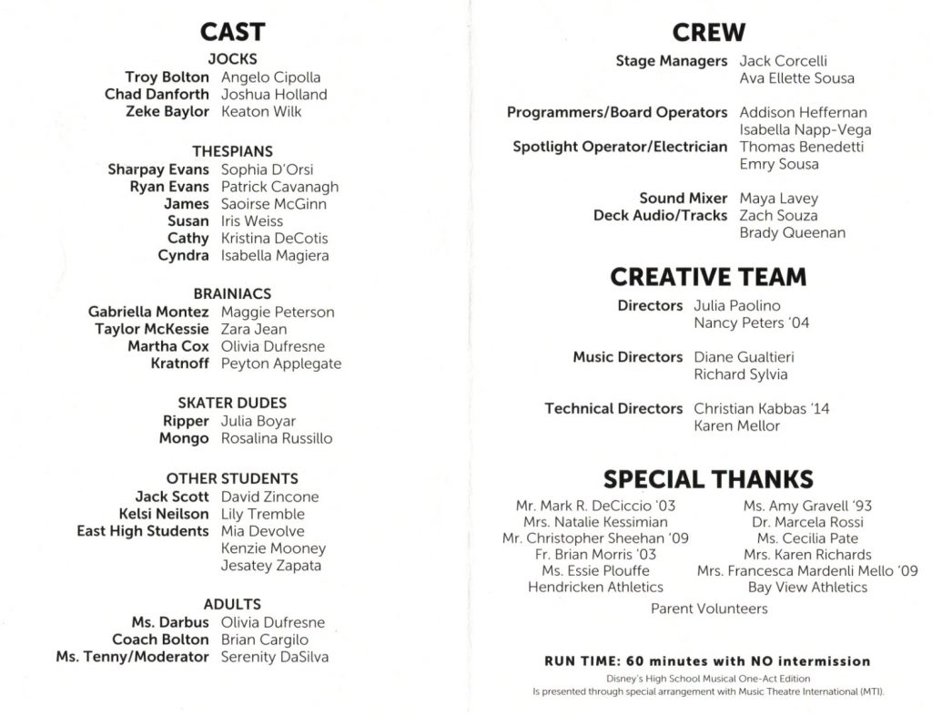 Disney's High School Musical crew list